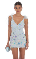 Floral Sequin V-Neck Dress in Blue