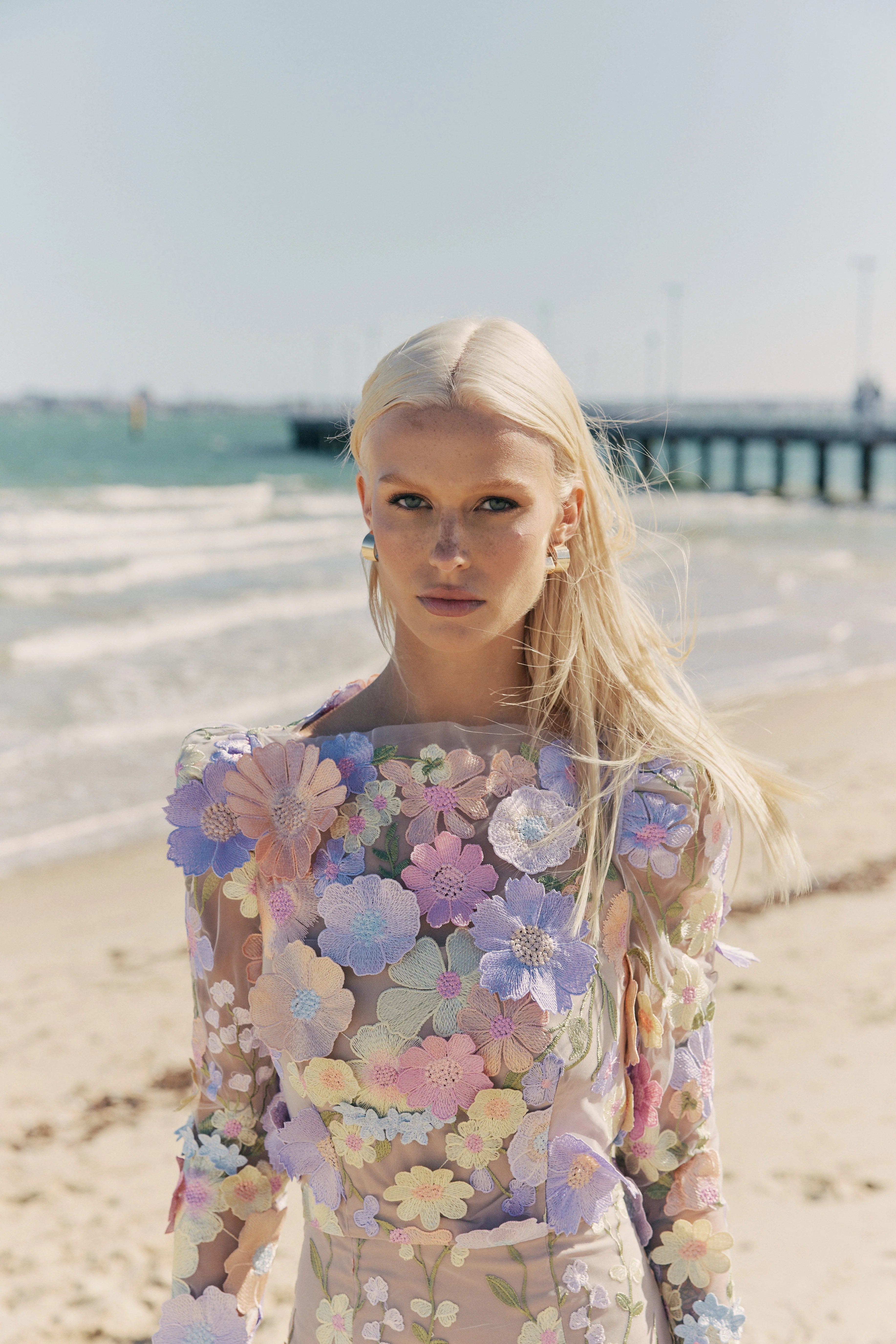Shannon 3D Floral Midi Dress In Purple